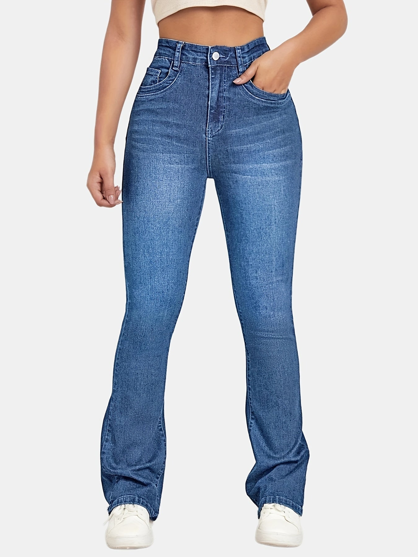 Flared Jeans Bell Bottom Slash Pockets Slight Stretch Denim Pants