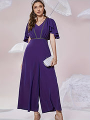 Pleated Cinched Waist V Neck Jumpsuit Casual Cape Sleeve Jumpsuit