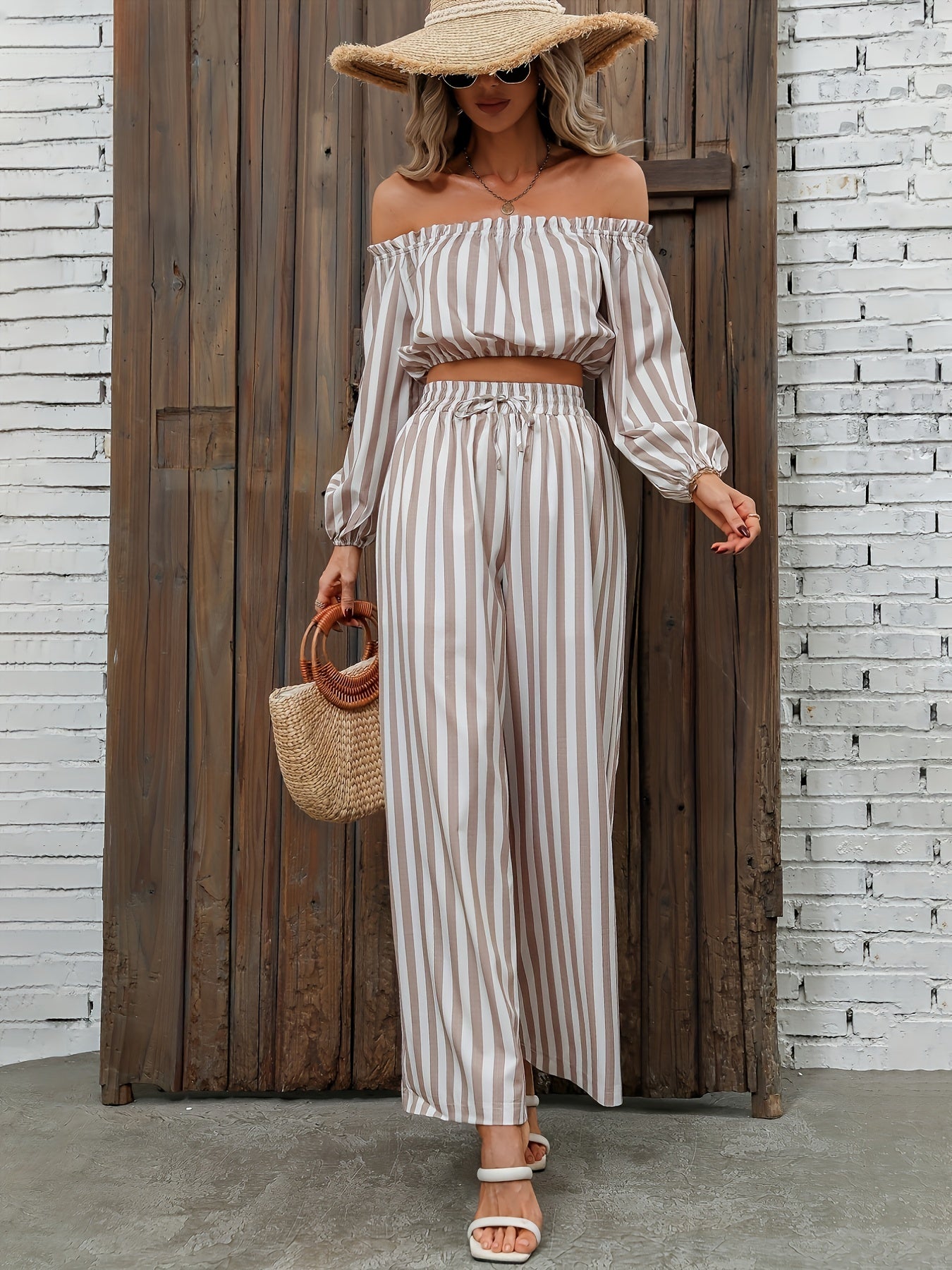 Striped Off Shoulder Crop Tops & Wide Leg Pants Set