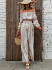 Striped Off Shoulder Crop Tops & Wide Leg Pants Set