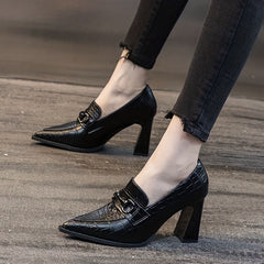 Women's Croc Print Court Pumps Buckle Decor Slip On Chunky Heels