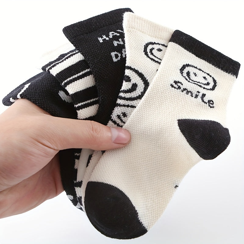 5 Pairs Unisex Kid's Solid Letter Crew Socks Soft Breathable Casual Socks