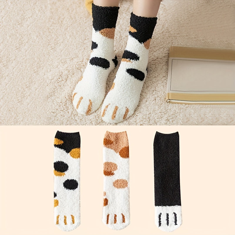 3 Pairs Cat Claw Print Socks Fuzzy & Warm Women's Stockings