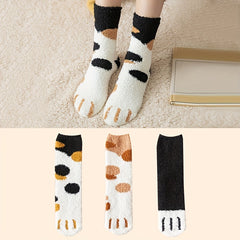 3 Pairs Cat Claw Print Socks Fuzzy & Warm Women's Stockings