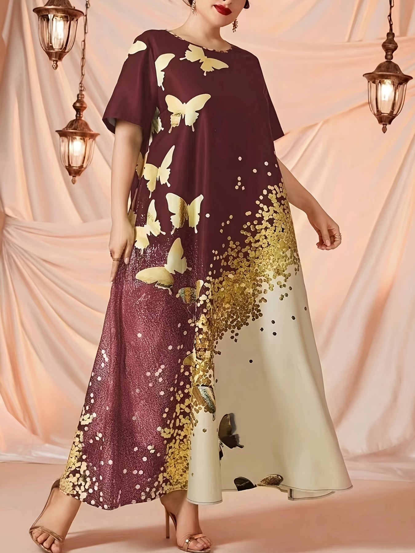 Glitter Butterfly Print Round Neck Maxi Dress Plus Size Abaya