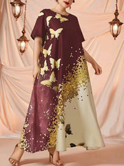 Glitter Butterfly Print Round Neck Maxi Dress Plus Size Abaya