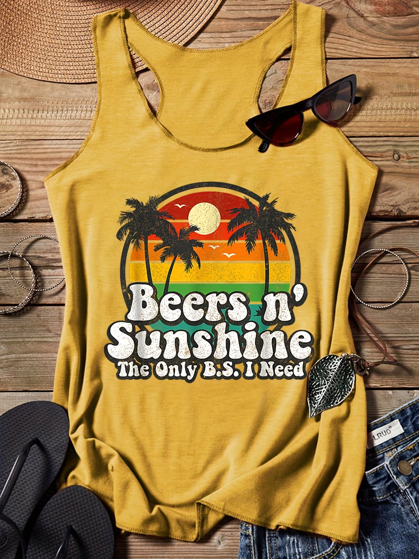 Seaside Scenery & Letter Print Tank Top Summer Sports Top