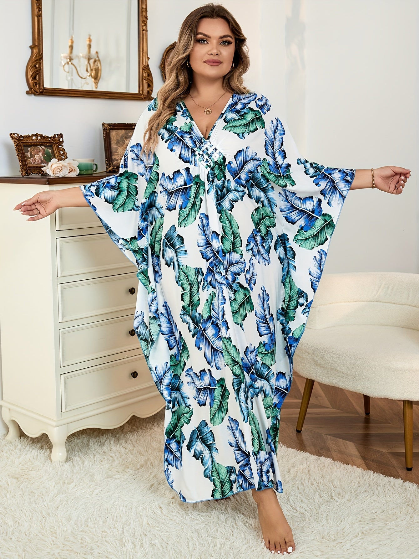 Tropical Print V Neck Maxi Beach Cover Up Dress