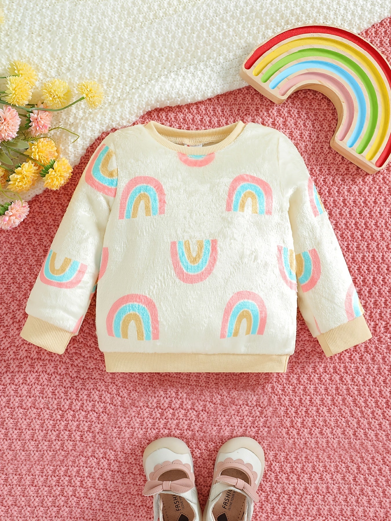 Baby Girls Rainbow Striped Ribbed Pullover Blouse Long Sleeve Warm Top