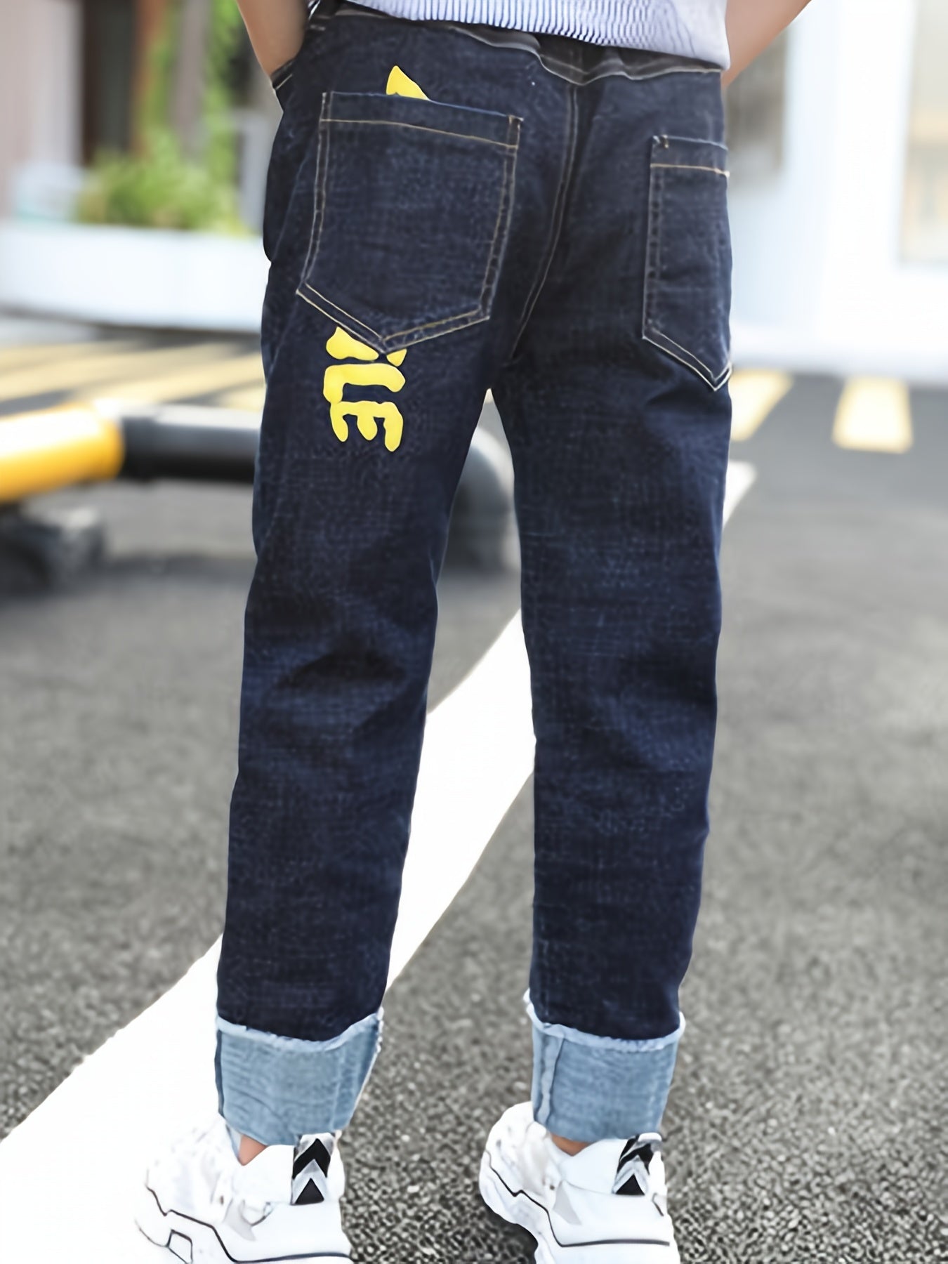 Boys Cuffed Jeans Casual Letter Graphic Slim Fit Pants