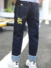 Boys Cuffed Jeans Casual Letter Graphic Slim Fit Pants
