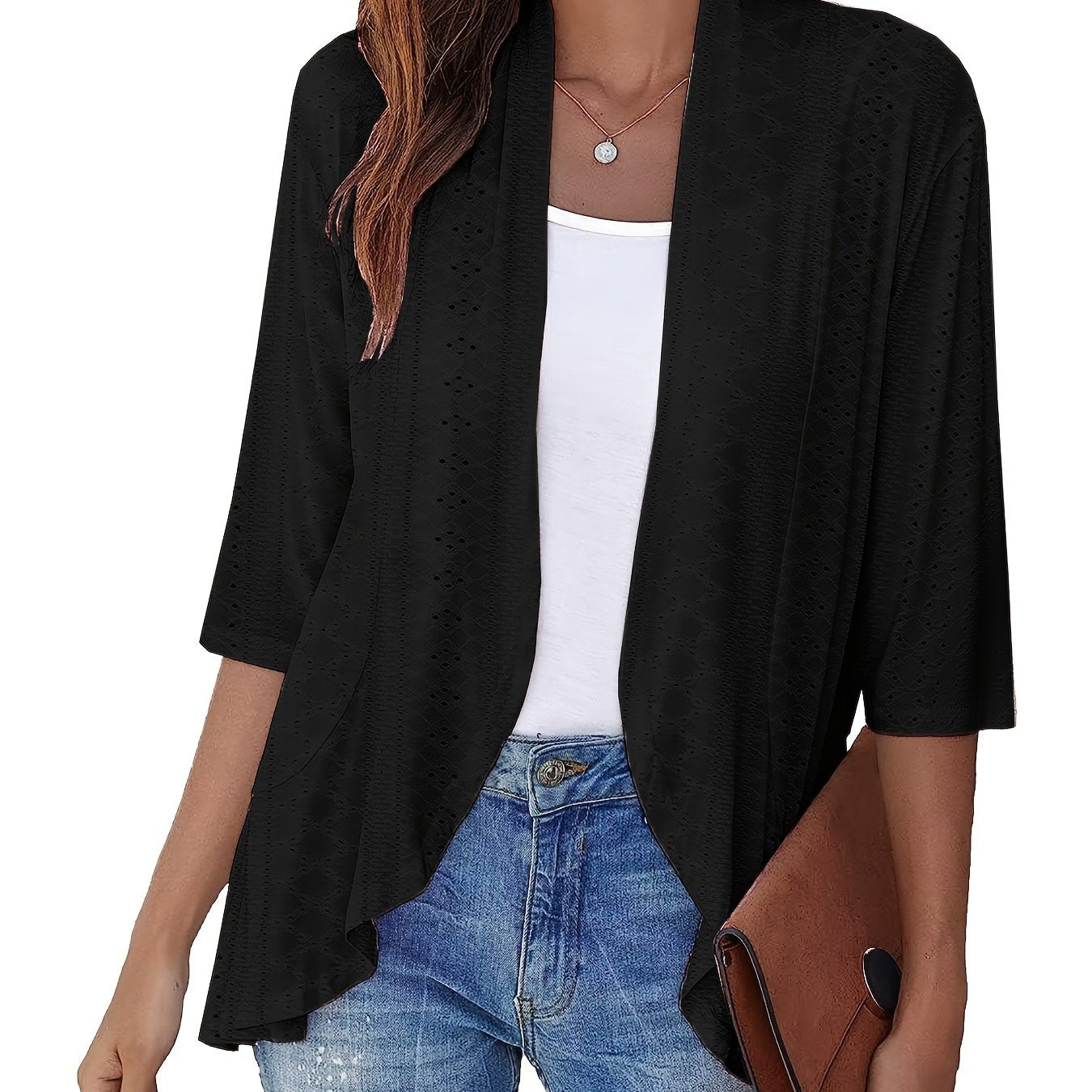 Ruffle Eyelet Cardigan 3/4 Sleeve for Women