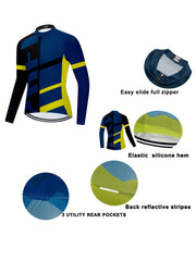 Men's Block Zipper Cycling Jersey Stretch Breathable Long Sleeve T-shirt