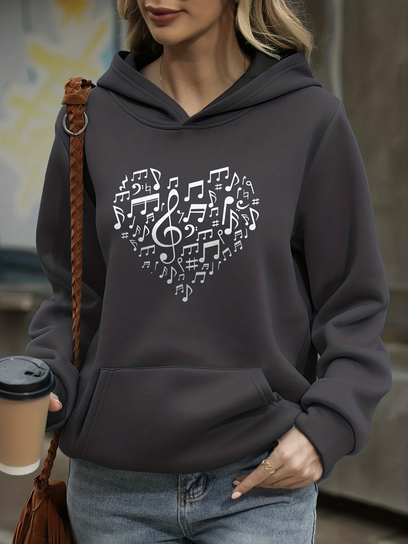 Heart Print Kangaroo Pocket Hoodie Women's Sweatshirt