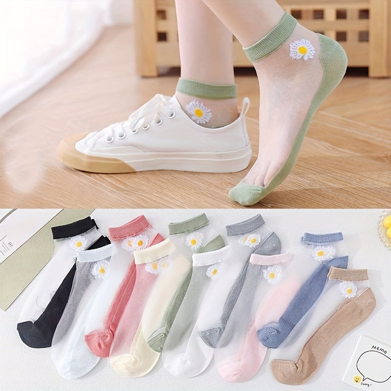5 Pairs Chrysanthemum Print Sheer Ankle Socks Women's Stockings & Hosiery