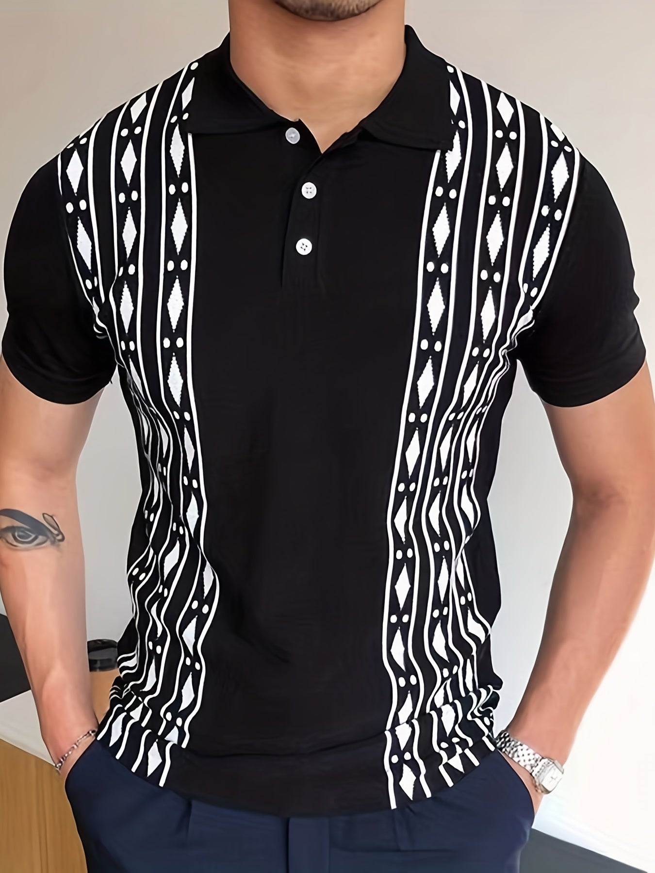 Turn Down Collar Shirt Contrast Buttons Short Sleeve Knit Shirt