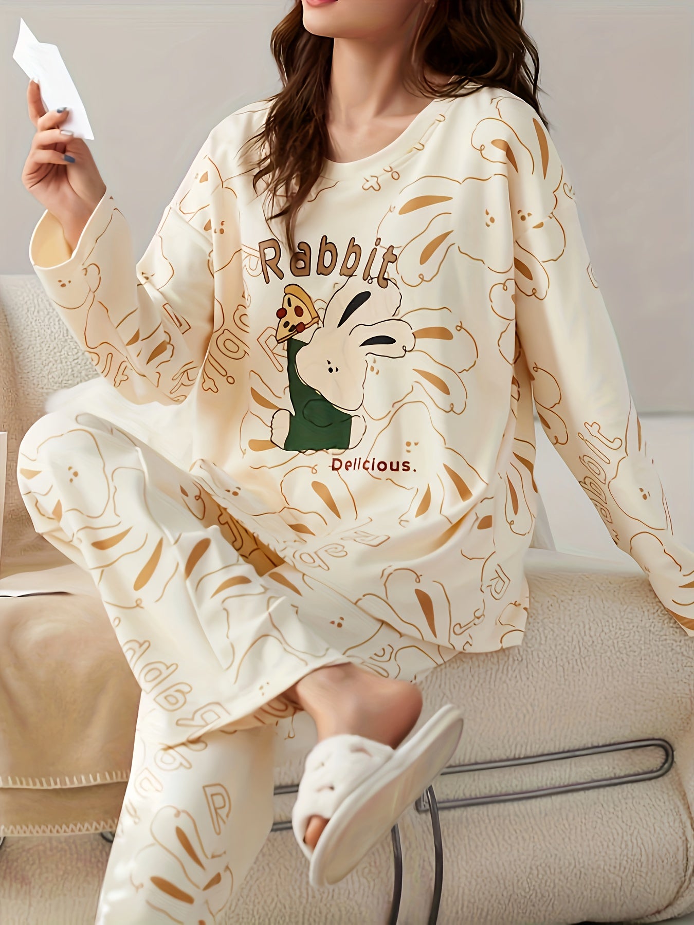 Bunny Print Pajama Set Long Sleeve Top & Pants Women's Sleepwear