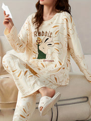 Bunny Print Pajama Set Long Sleeve Top & Pants Women's Sleepwear