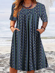Floral Print Boho Plus Dress Short Sleeve Round Neck Pockets