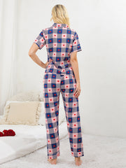 Heart Print Lounge Set Short Sleeve Button Up Top & Elastic Waistband Pants