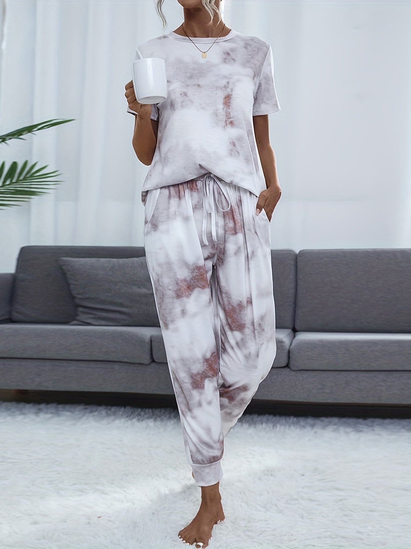 Tie Dye Lounge Set Crew Neck Top & Lace Up Pants
