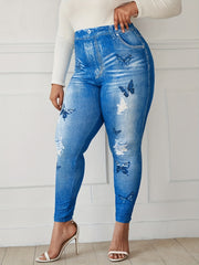 Butterfly & Denim Print High Rise Skinny Leggings