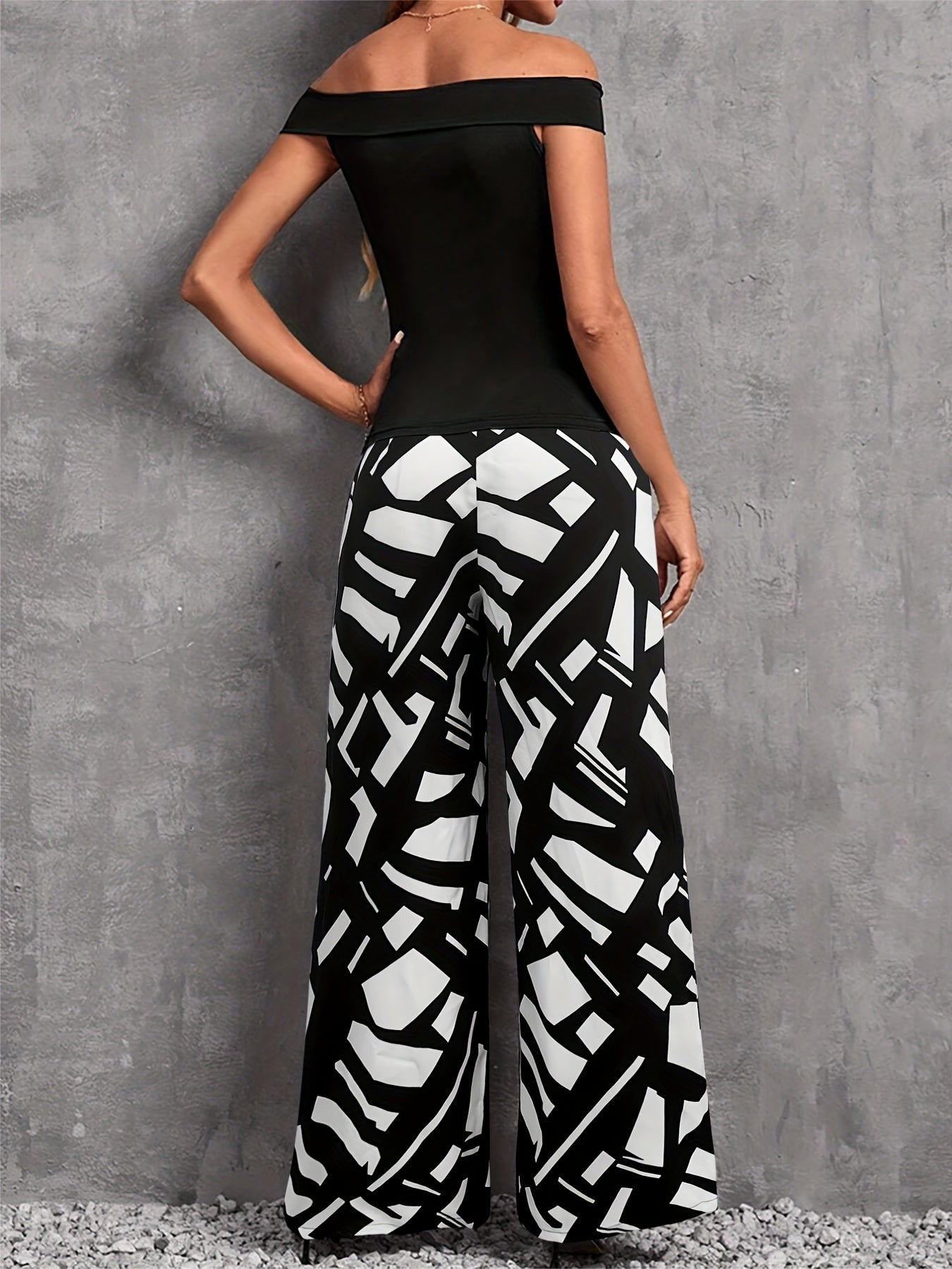 Off Shoulder Top & Geo Print Pants Set Women's Clothing