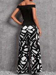 Off Shoulder Top & Geo Print Pants Set Women's Clothing