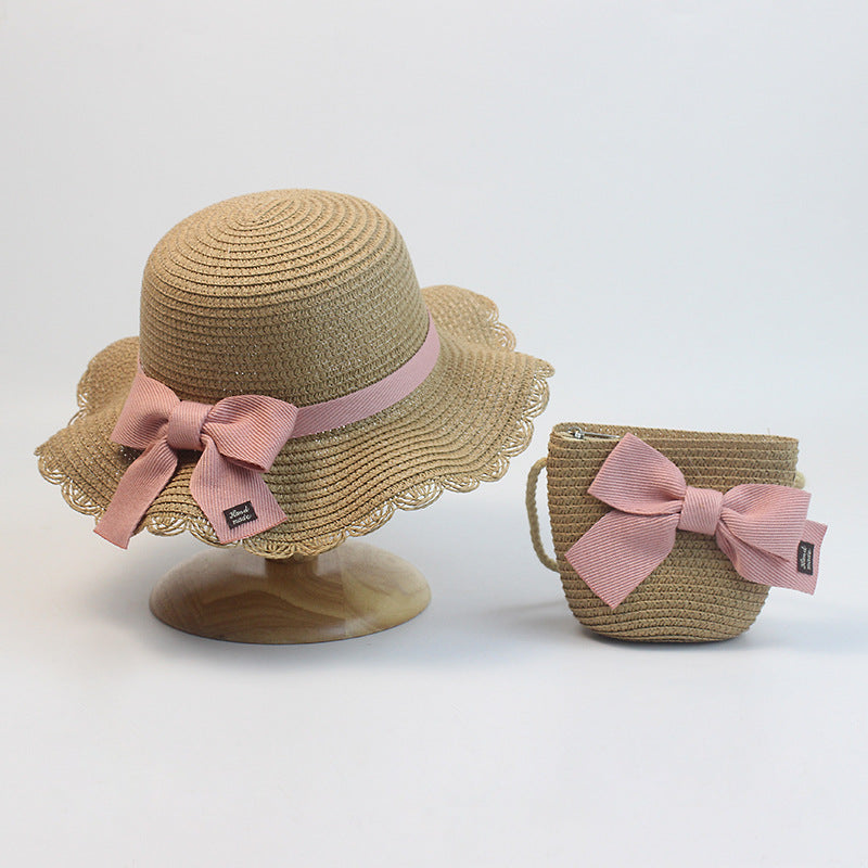2pcs Girls Straw Hat & Coin Purse Wide Brim UV Protection Kids Accessories