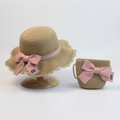 2pcs Girls Straw Hat & Coin Purse Wide Brim UV Protection Kids Accessories