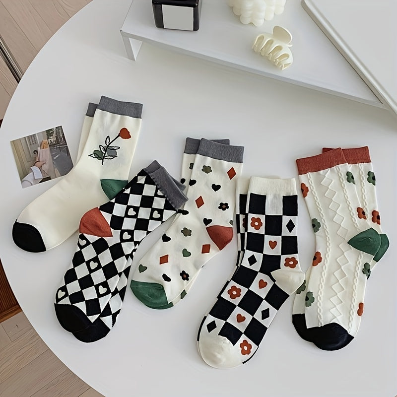 5 Pairs Floral & Plaid Print Socks Comfy Mid Tube Stockings