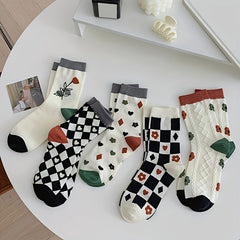 5 Pairs Floral & Plaid Print Socks Comfy Mid Tube Stockings