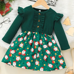 Santa Graphic Ribbed Long Sleeve Dress For Girls