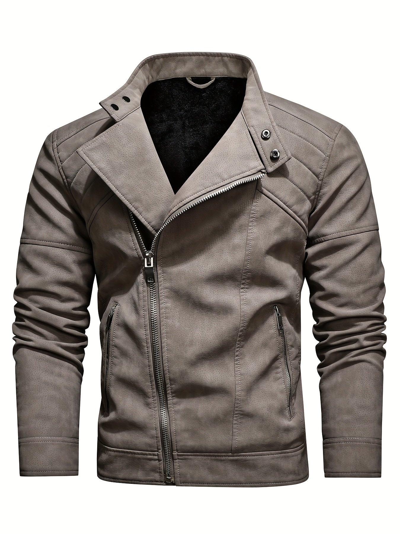 Men's PU Leather Fleece Winter Jacket with Diagonal Zipper