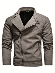 Men's PU Leather Fleece Winter Jacket with Diagonal Zipper