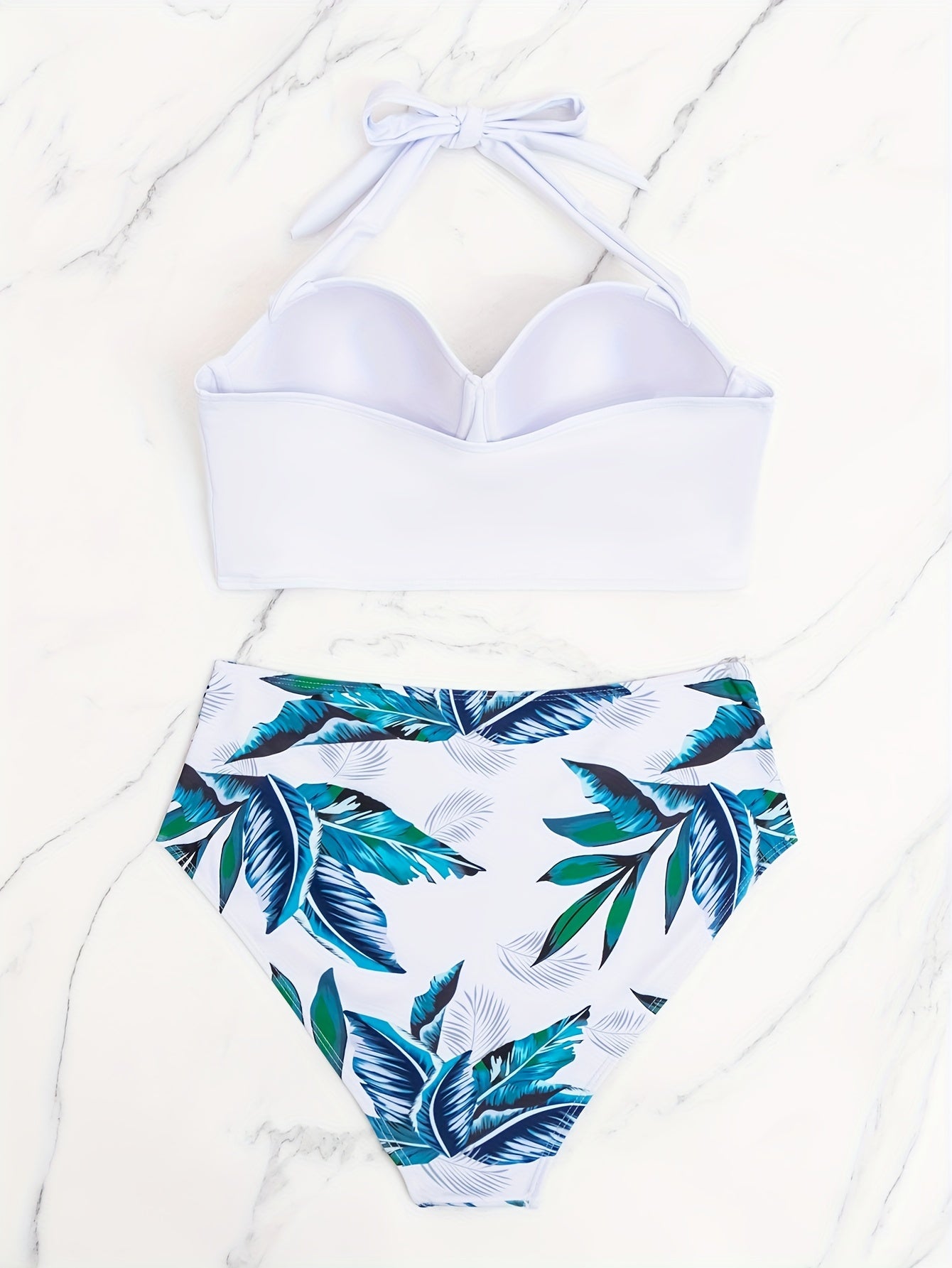 Bikini Set Solid Molded Cup Halter Bra & Ruched Panty Swimsuit