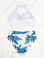 Bikini Set Solid Molded Cup Halter Bra & Ruched Panty Swimsuit