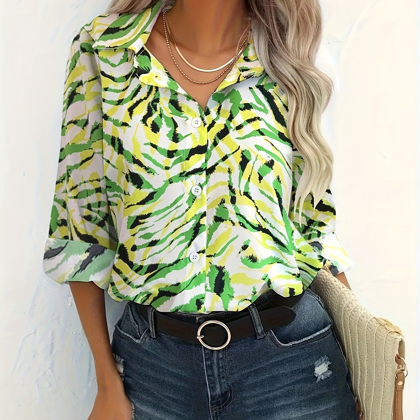 Allover Print Button Up Long Sleeve Blouse