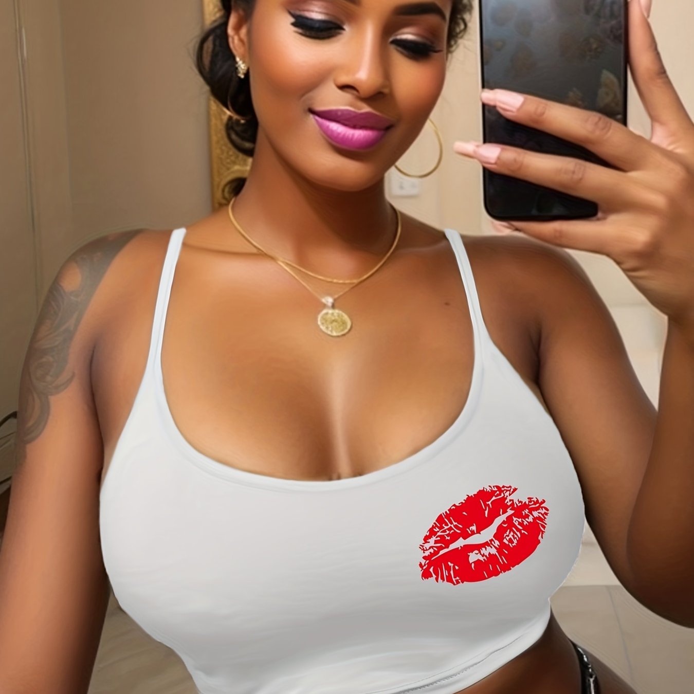 Lips Print Cami Sleep Top Sexy Round Neck Sleeveless Women's Pajamas