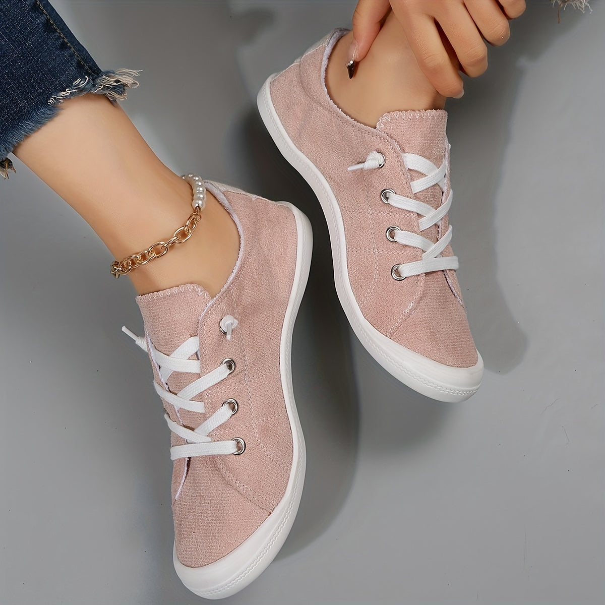 Women's Pink Flat Canvas Shoes Casual Low Top Lace Up Sneakers