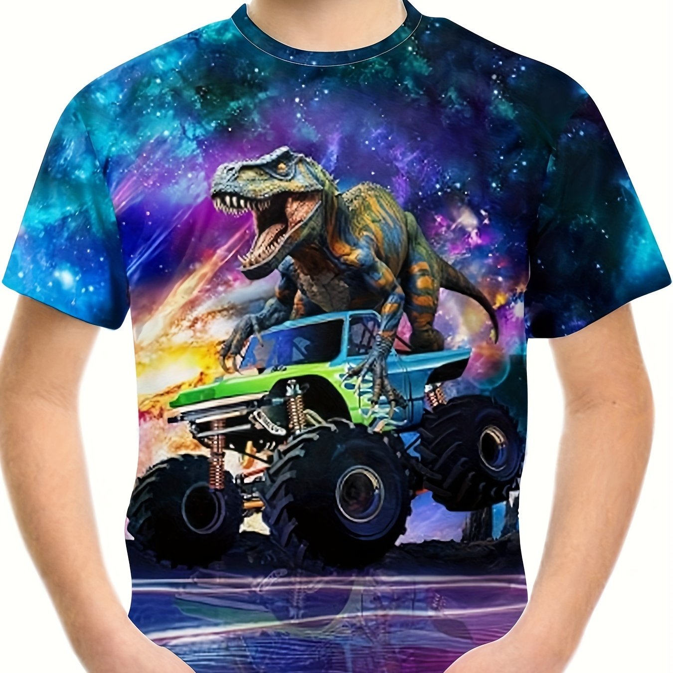 Dino Truck 3D Print Boy's T-shirt Short Sleeve Casual Summer Top