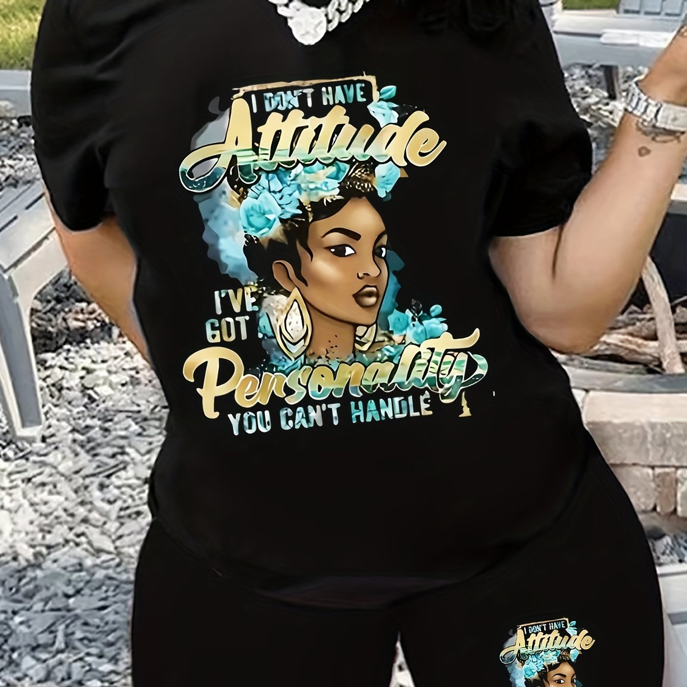 Figure & Letter Print Tee & Shorts 2 Piece Set