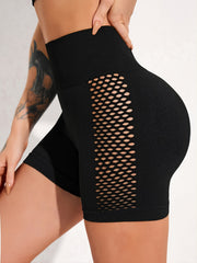 Fishnet Insert Sports Shorts Hollow Out Waistband Yoga Biker Shorts