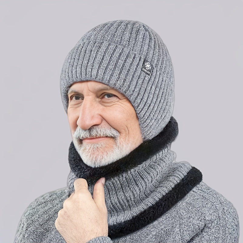 Men's Warm Velvet Lined Beanie Hat Set for Winter