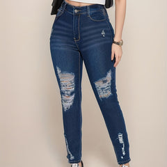 Dark Ripped Skinny Jeans Slim Fit Mid Stretch Denim Pant