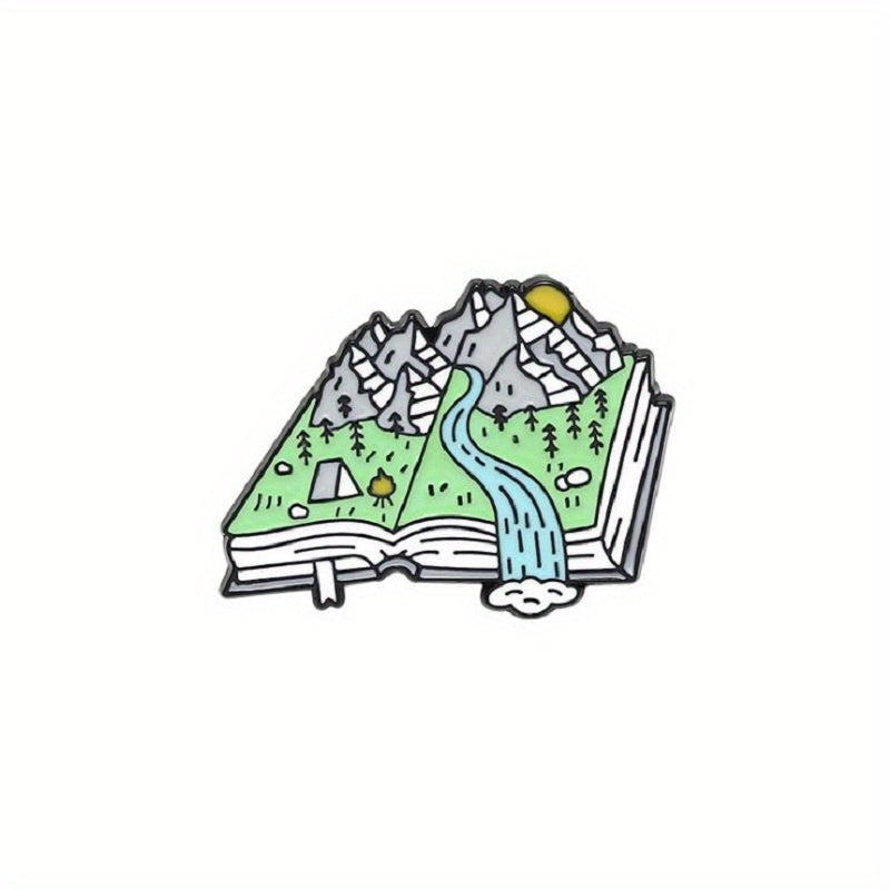 Cartoon Hiking Scenery Brooch Mountain River Book Style Pin