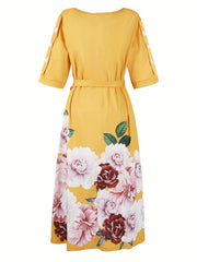 Women's Plus Floral Print Button Decor Short Sleeve Dress