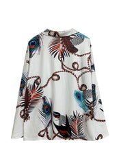 Feather Print Zipper Blouse & Shorts Set