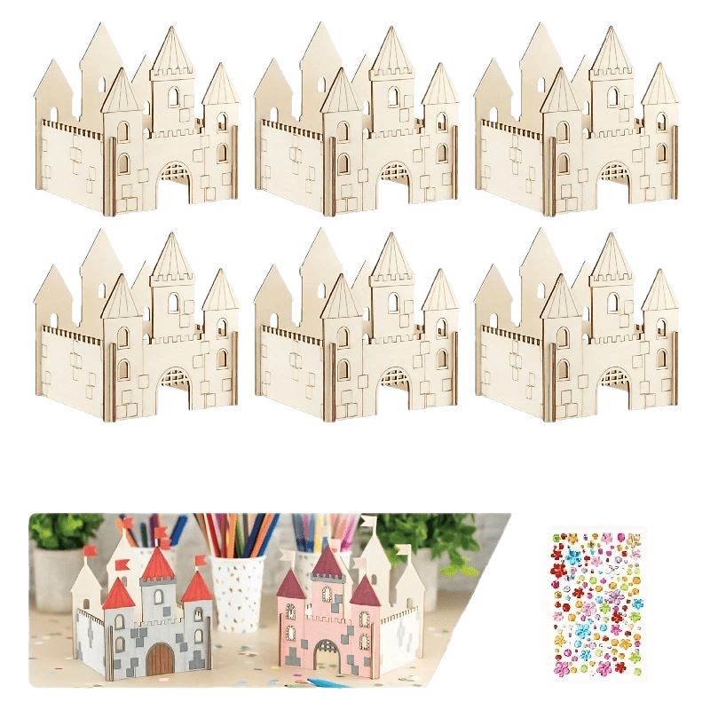 6pcs Wooden Castle Craft Kit DIY Unfinished Wooden Castle House Building