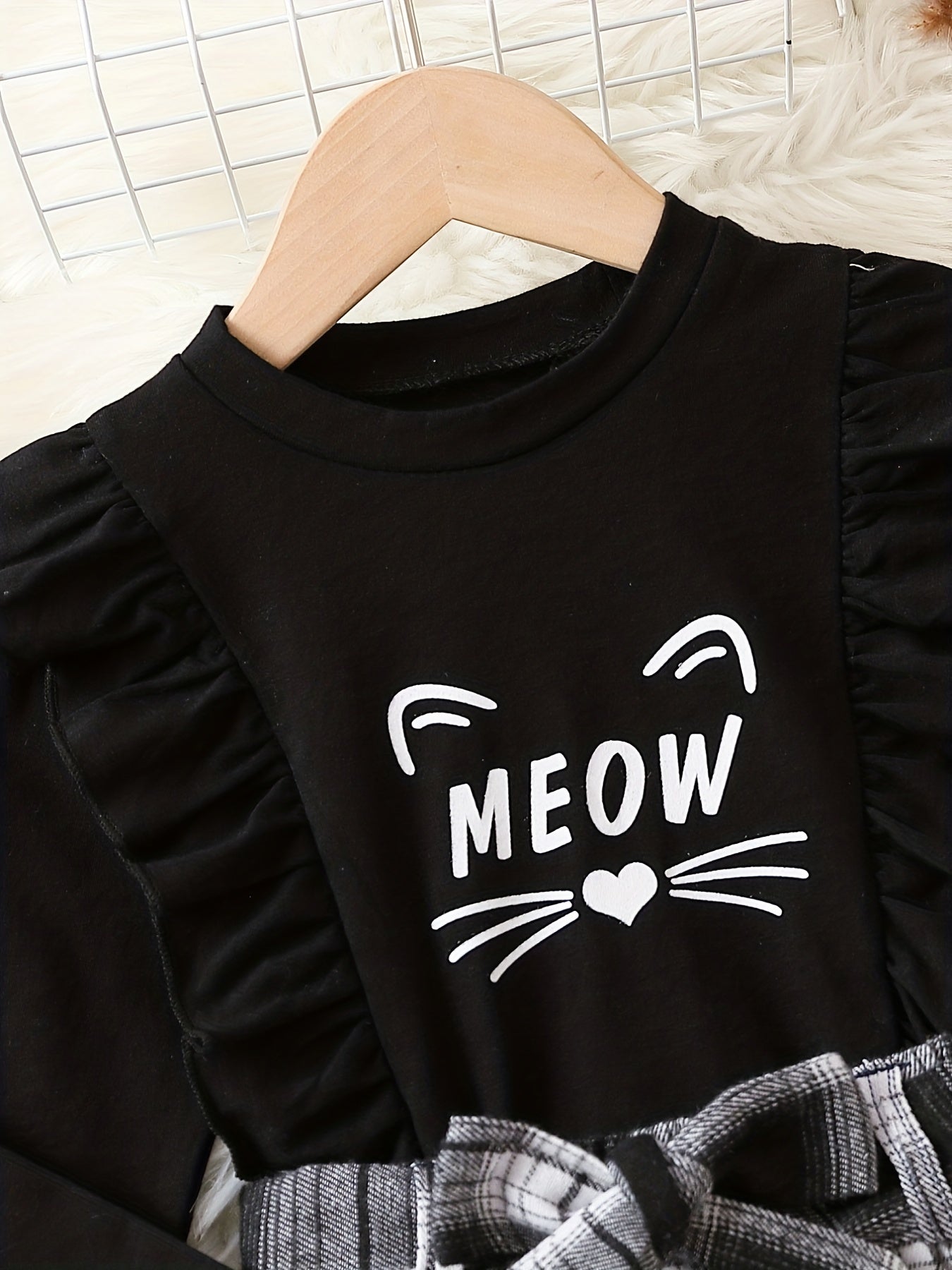 Baby Girls Cat Face Top & Plaid Skirt Set